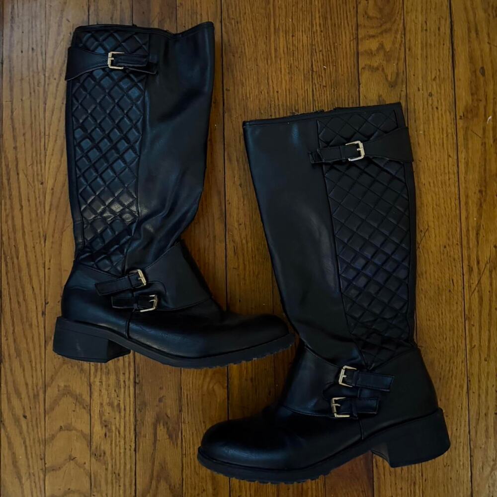 Textured black leather knee high boots